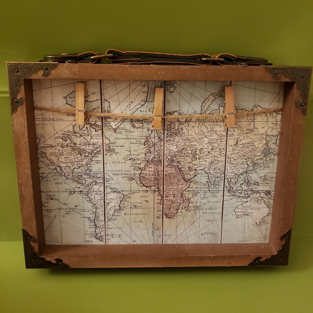 World Map Suitcase Wood Frame with Photo Clips